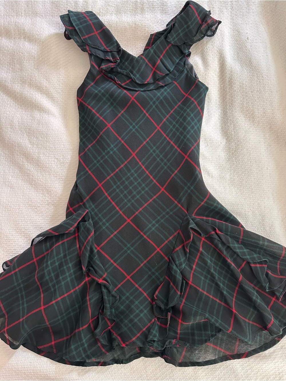 Ralph Lauren Green Plaid Ruffle Hem Dress with Red Lines